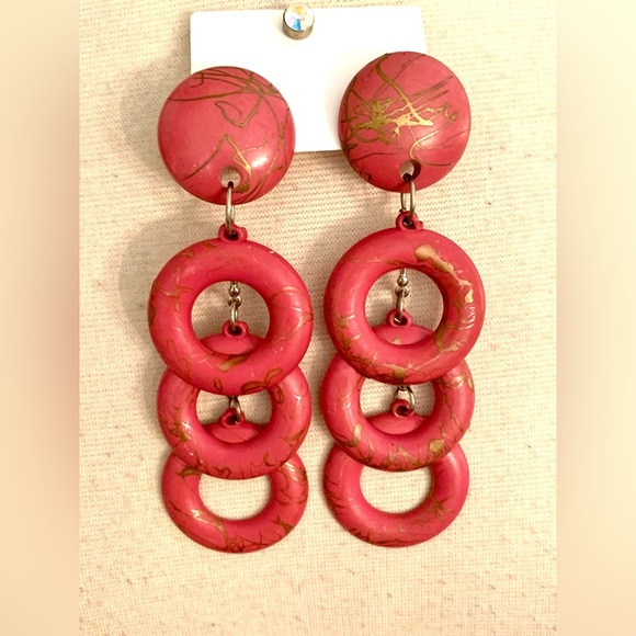Vintage :: Pink Dangle Hoop Earrings 80s Gold Pink Barbiecore Retro 4” 3 Hoops - Picture 7 of 7